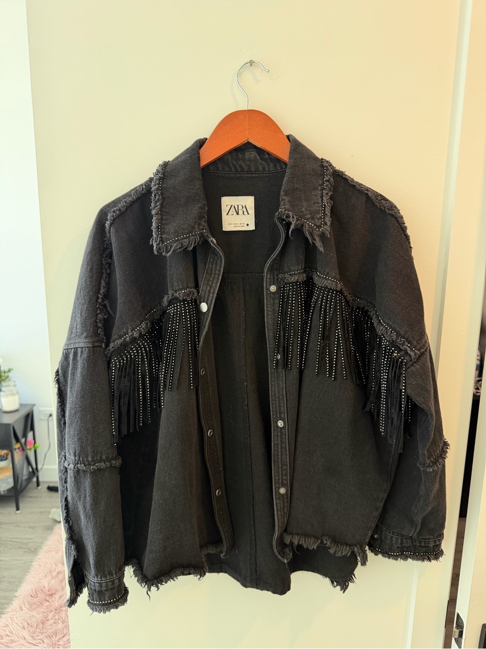ZARA Black Distressed Denim Jacket with Fringe & Studs